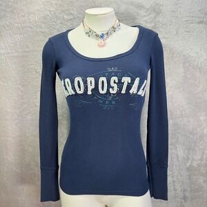 Y2K Aeropostale Waffle Knit Shirt Blue Womens XS Navy Pink Bella Swan 2000s